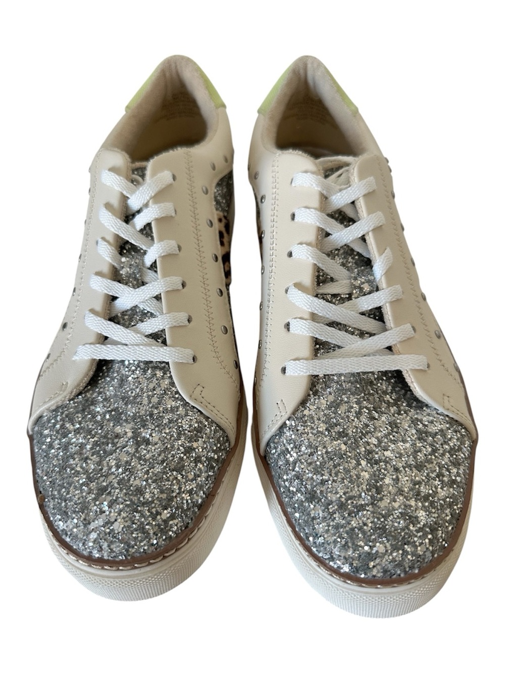 Crown Vintage Silver Glitter Sneakers with Leopard Panel and Lime Heel